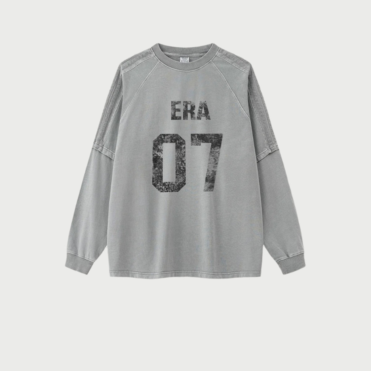 Product shot of gray 'ERA 07' sweatshirt laid flat