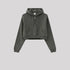 Dark gray cropped zip hoodie on gray background. Features hood, kangaroo pocket and silver zipper