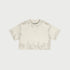 Cream colored cropped t-shirt with subtle texture pattern displayed flat against white background