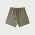 Olive green drawstring shorts displayed flat against light gray background with elastic waistband