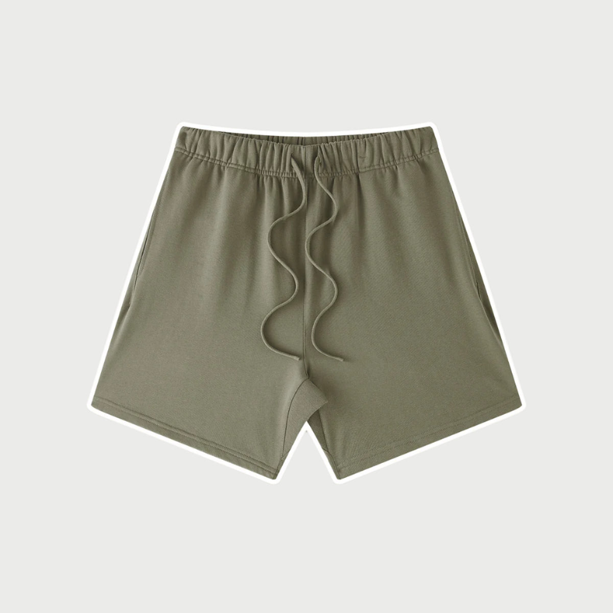 Olive green drawstring shorts displayed flat against light gray background with elastic waistband