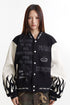 Oversized embroidered varsity jacket front view with cream flame sleeves and snap buttons