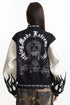 Back view of the embroidered varsity jacket with large symbolic artwork and flame sleeves