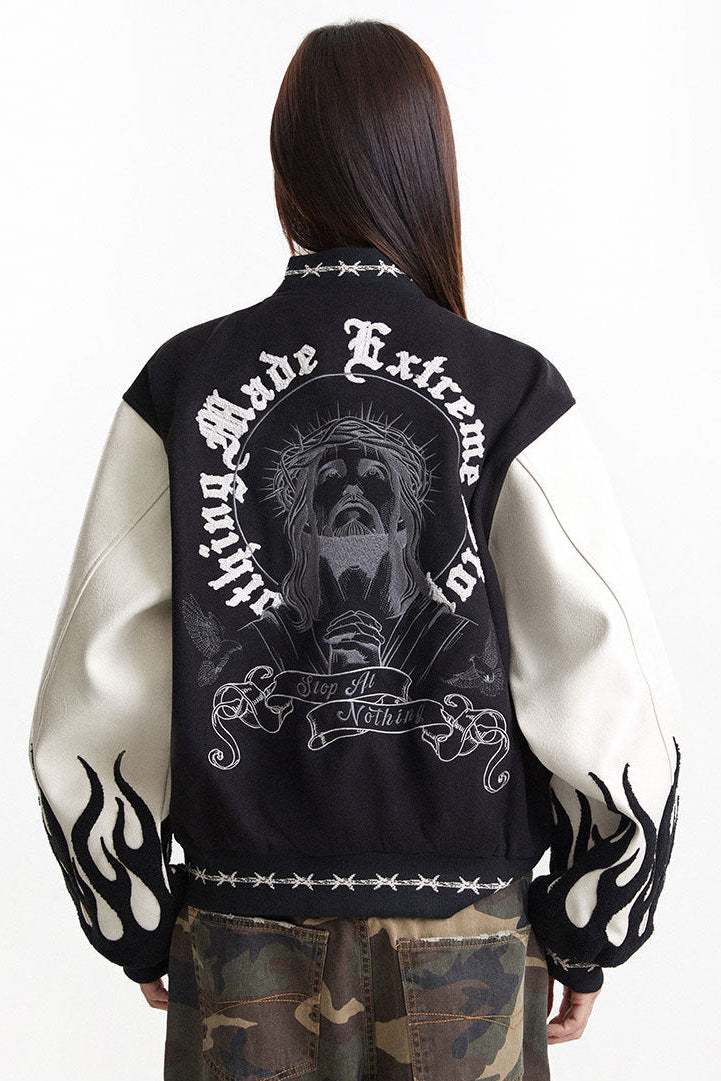 Back view of the embroidered varsity jacket with large symbolic artwork and flame sleeves