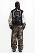 Full-length back view showing large jacket artwork and black flame sleeve graphics