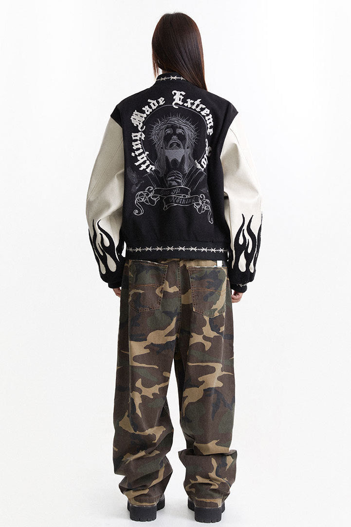 Full-length back view showing large jacket artwork and black flame sleeve graphics