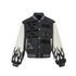 Charcoal embroidered varsity jacket isolated on white with cream flame sleeves