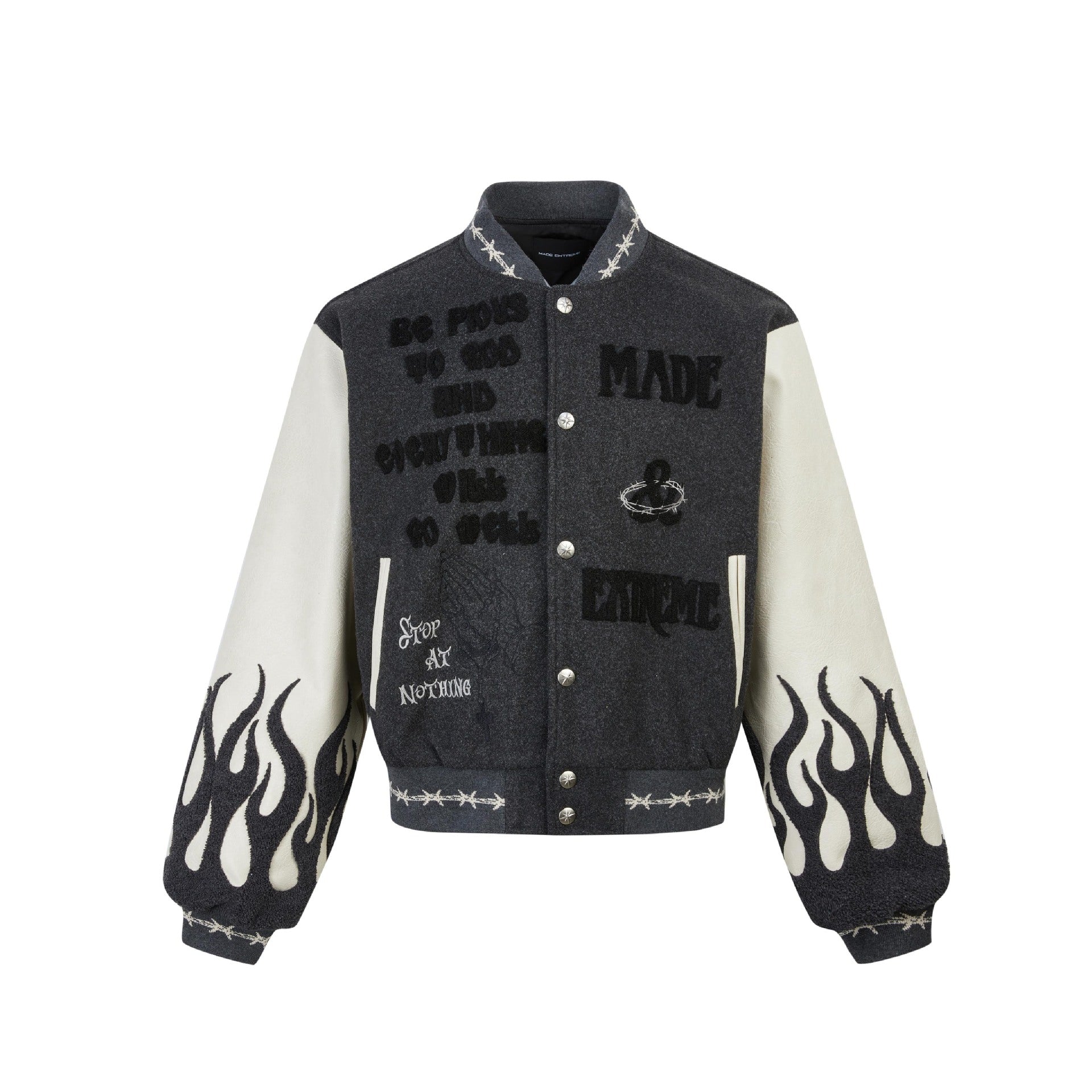 Charcoal embroidered varsity jacket isolated on white with cream flame sleeves