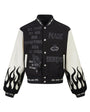 Black embroidered varsity jacket isolated on white with cream flame sleeves and snap front