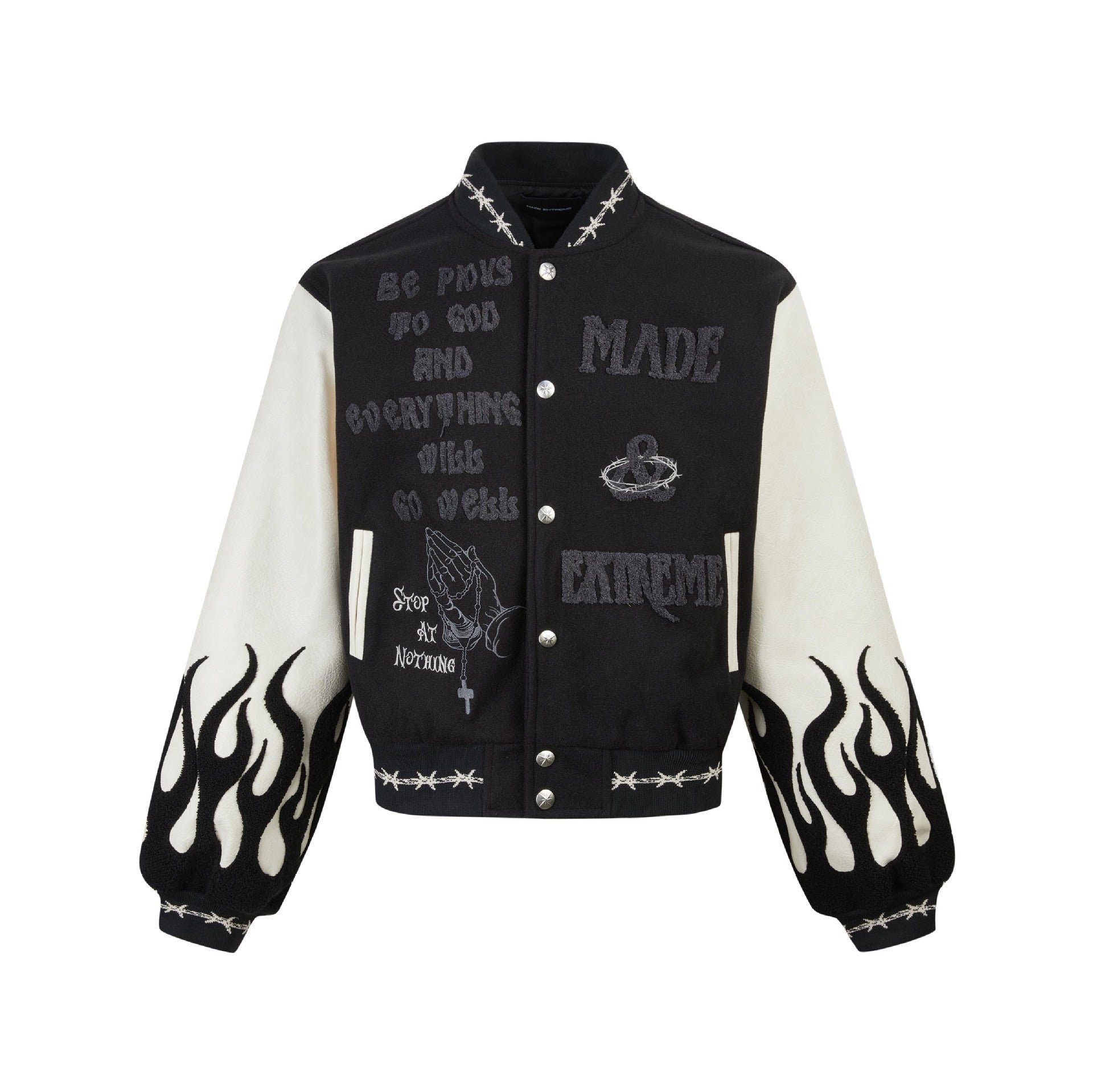 Black embroidered varsity jacket isolated on white with cream flame sleeves and snap front