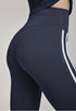Close-up of navy blue high-waisted leggings with white side stripes, back view.