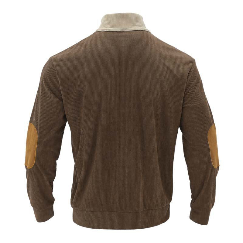 flat lay of brown and beige corduroy button sweatshirt for men back