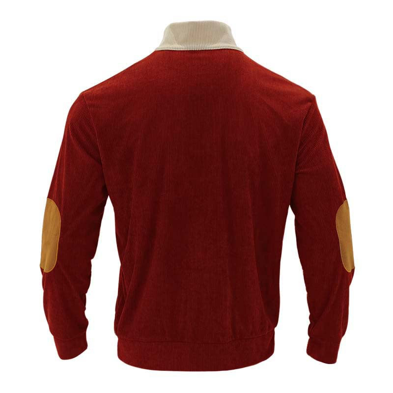flat lay of red and beige corduroy button sweatshirt for men back