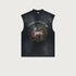 Flat lay of black sleeveless tee with vintage ram graphic and sunburst design