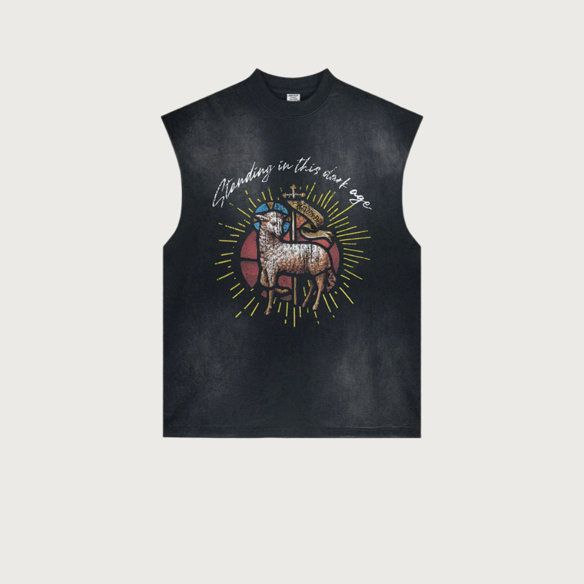 Flat lay of black sleeveless tee with vintage ram graphic and sunburst design