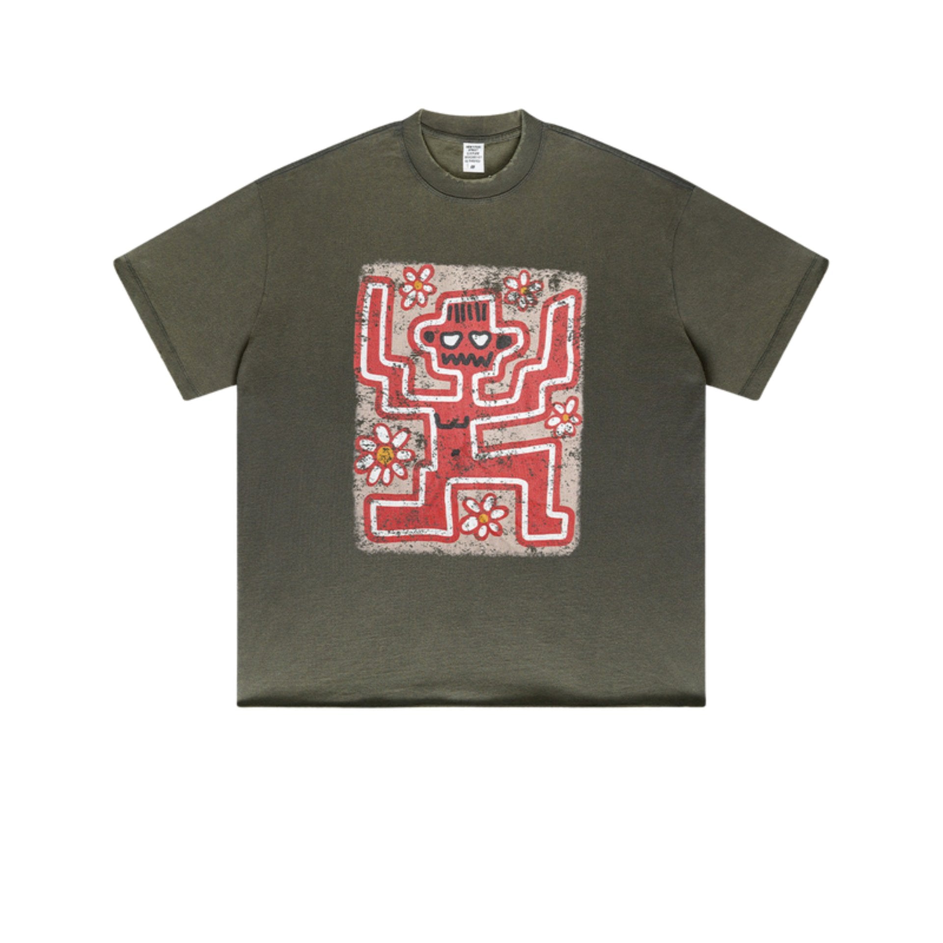 Flat lay of olive green graphic tee with red skeleton and flower design.