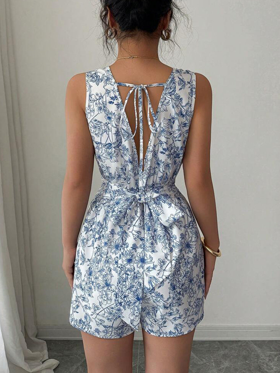 Back of casual sleeveless romper in floral pattern
