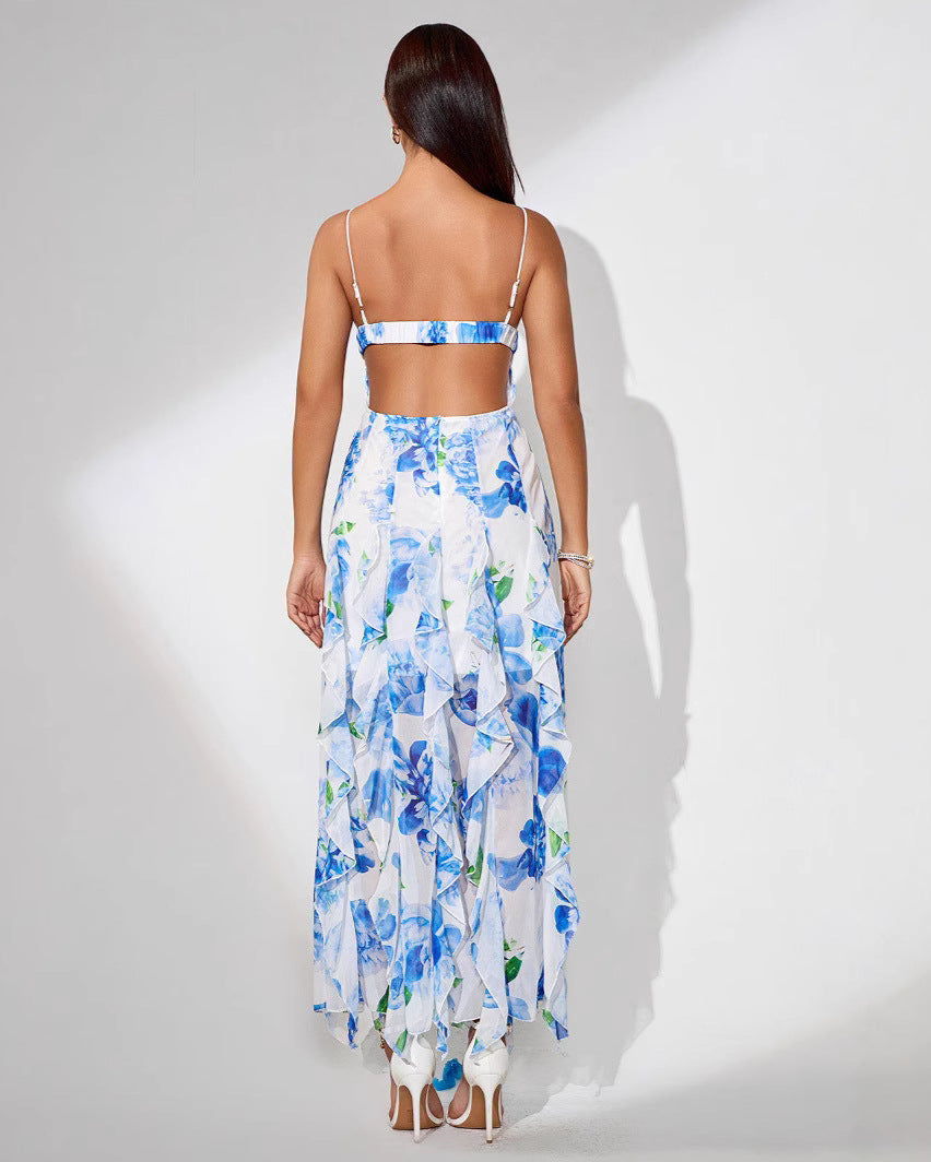 Back view of Woman wearing a floral dress with a white background