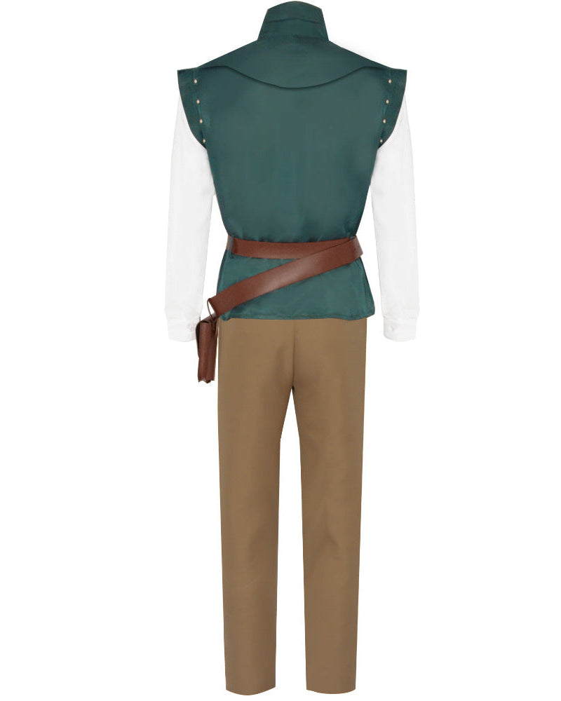 Flynn Rider Tangled cosplay costume back view with green vest and brown pants