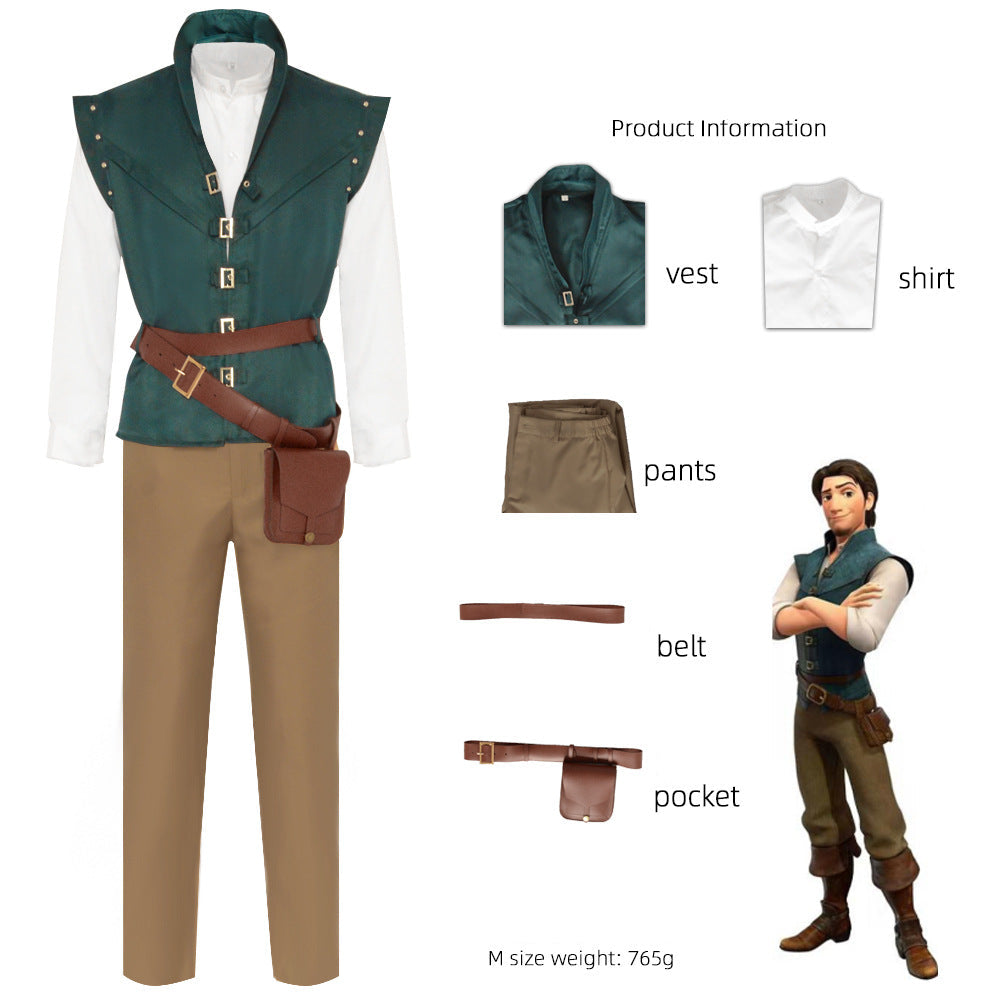 Flynn Rider Tangled cosplay costume full set with labeled parts vest shirt pants belt and pocket