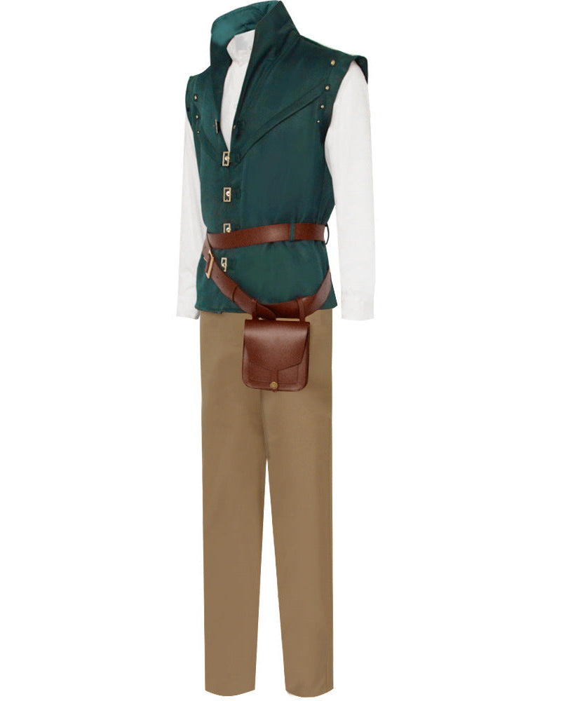 Flynn Rider cosplay outfit Tangled costume side angle with vest belt and pouch