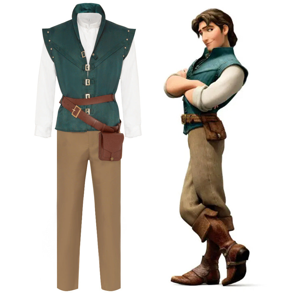 Flynn Rider Tangled cosplay costume close-up front with pouch belt and green vest