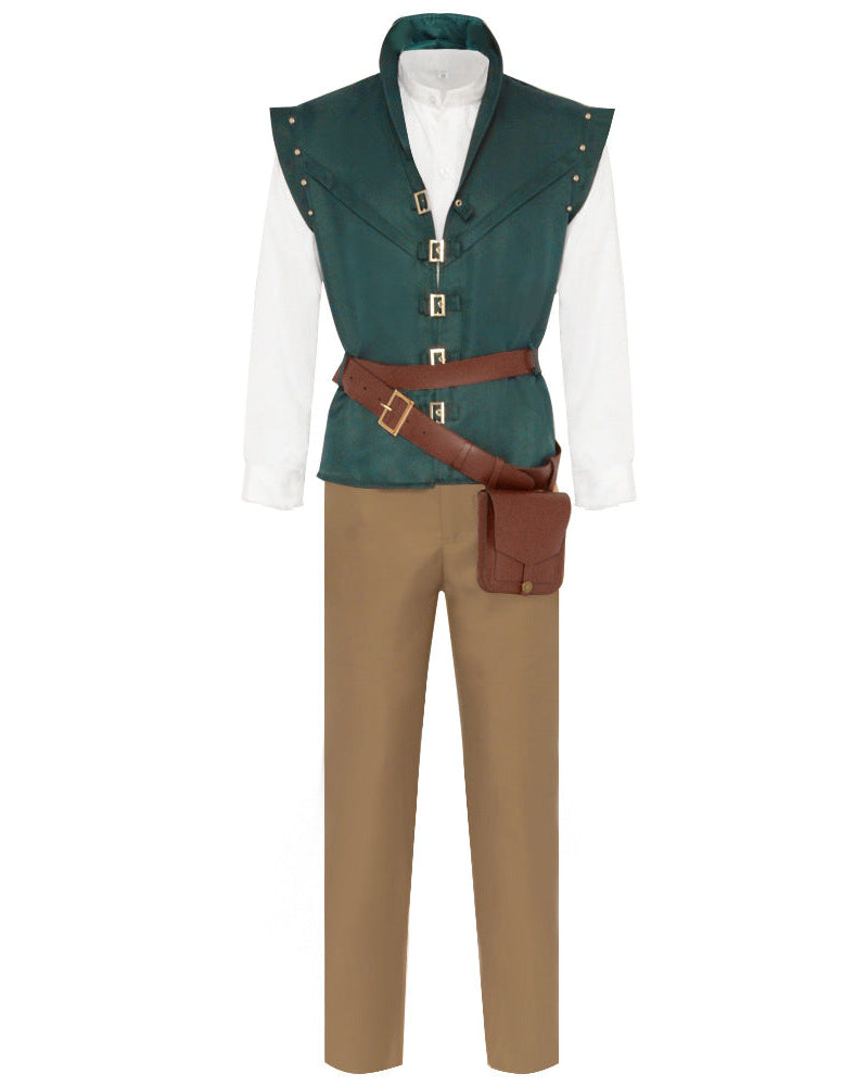 Tangled Flynn Rider men’s cosplay costume front view vest shirt pants belt pouch