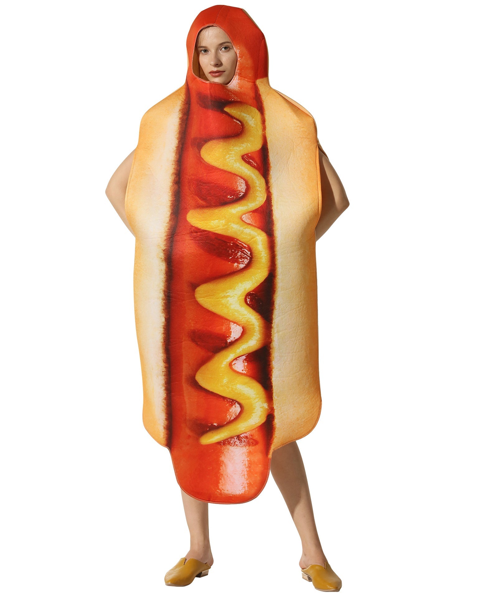 Food-themed hot dog Halloween outfit for adults with realistic print