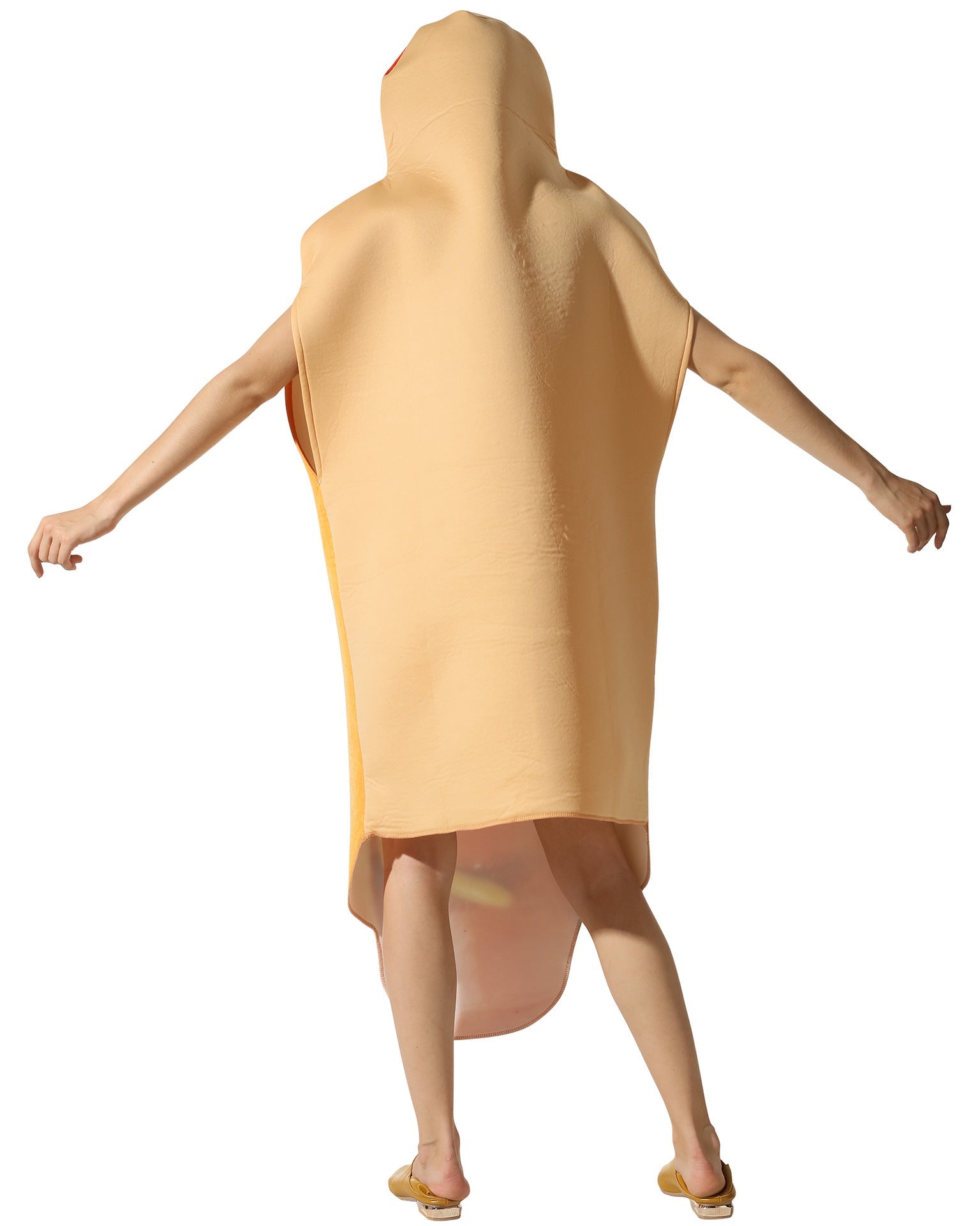 Back view of funny hot dog Halloween costume for adults