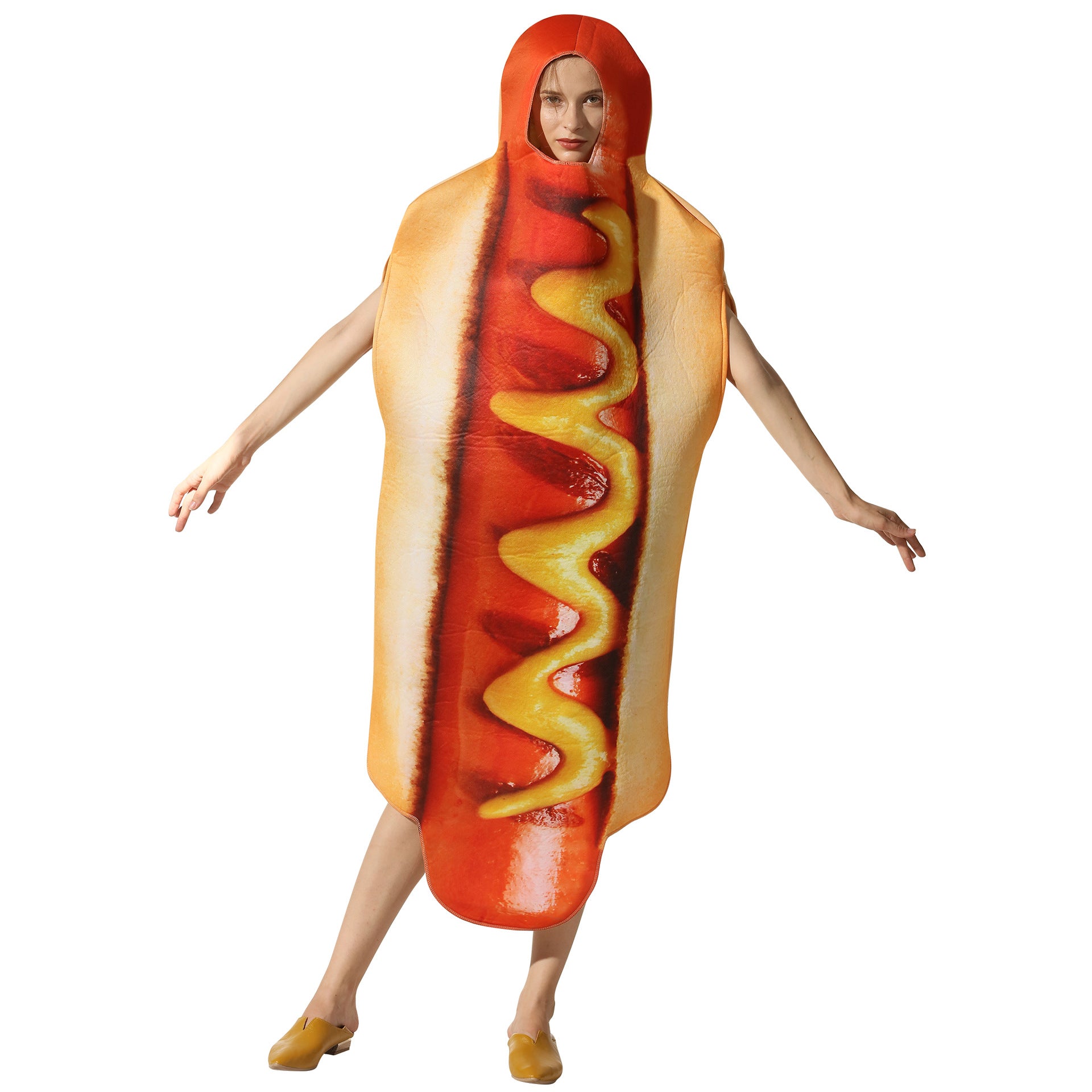 Funny hot dog Halloween costume with mustard print for adults