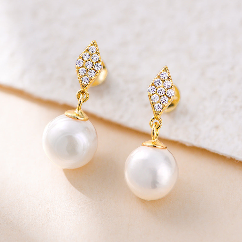 Gold-tone diamond-shaped stud pearl drop earrings, 925 silver.
