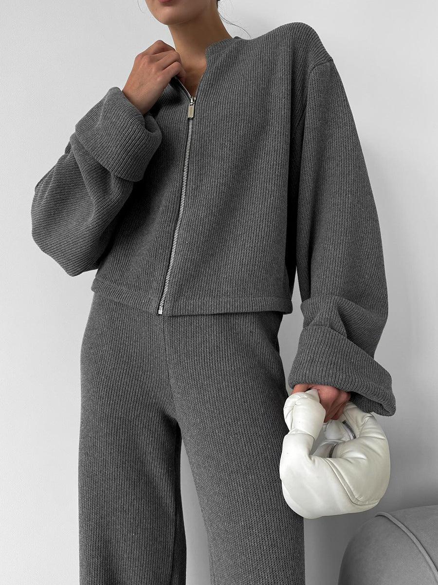Relaxed gray knit lounge set with cozy oversized jacket