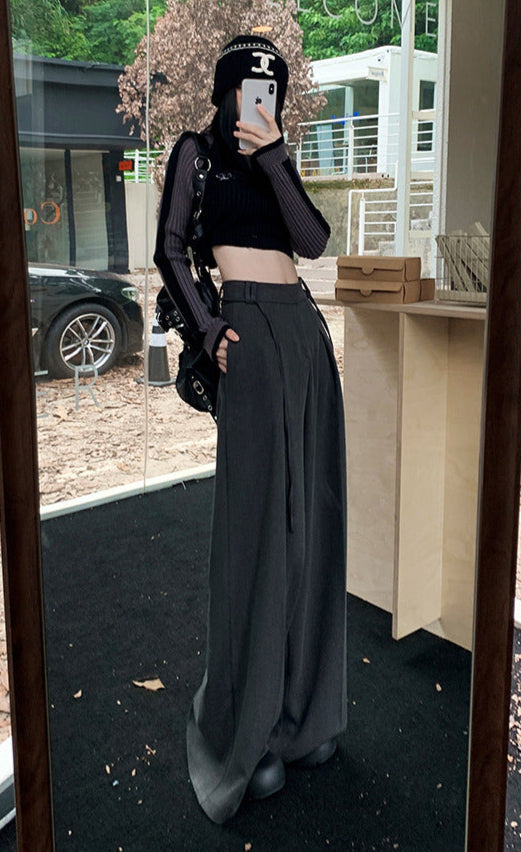 High Waist Wide Leg Trousers in Black & Gray | Lightweight Drawstring Summer Pants