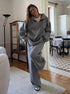 Gray half zip sweater 2 piece set styled casually indoors