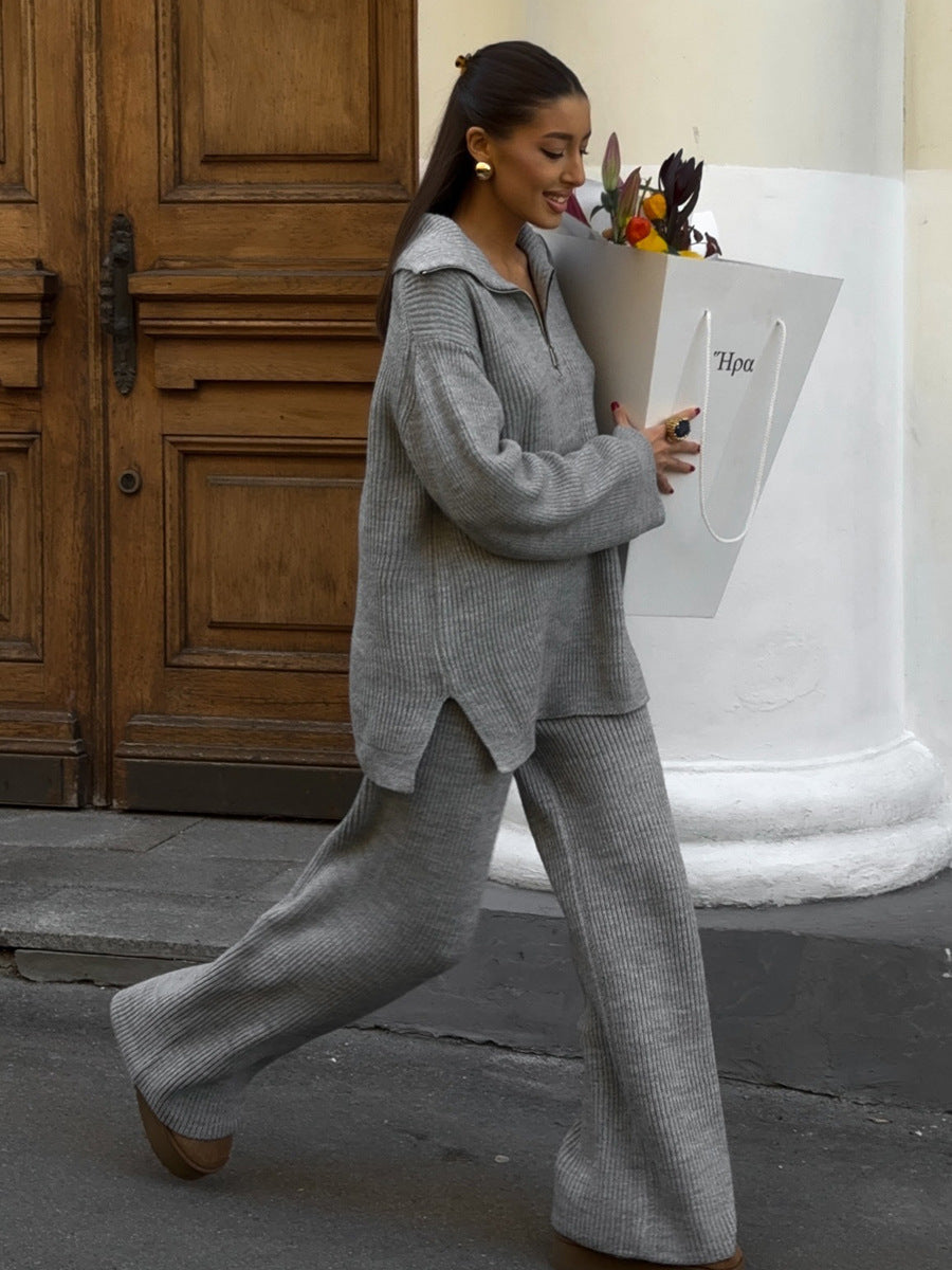 Walking outdoors in gray half zip sweater 2 piece set with wide leg pants