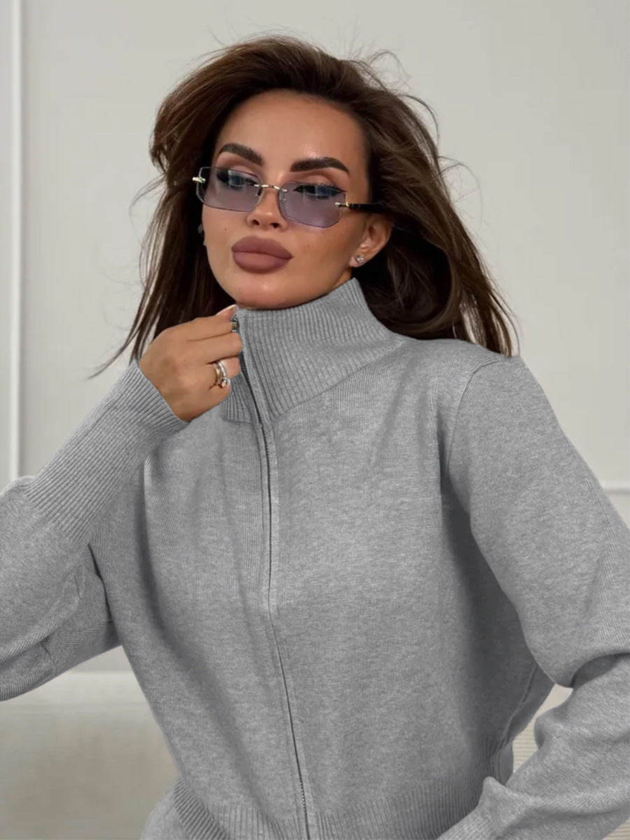 Gray knit 2 piece set with zip jacket and wide leg pants