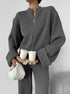 Gray knit lounge set with matching crop top and pants