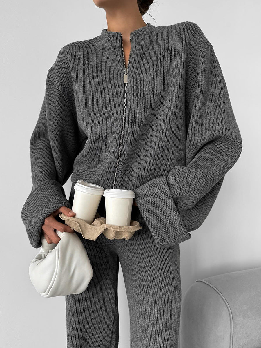 Gray knit lounge set with matching crop top and pants