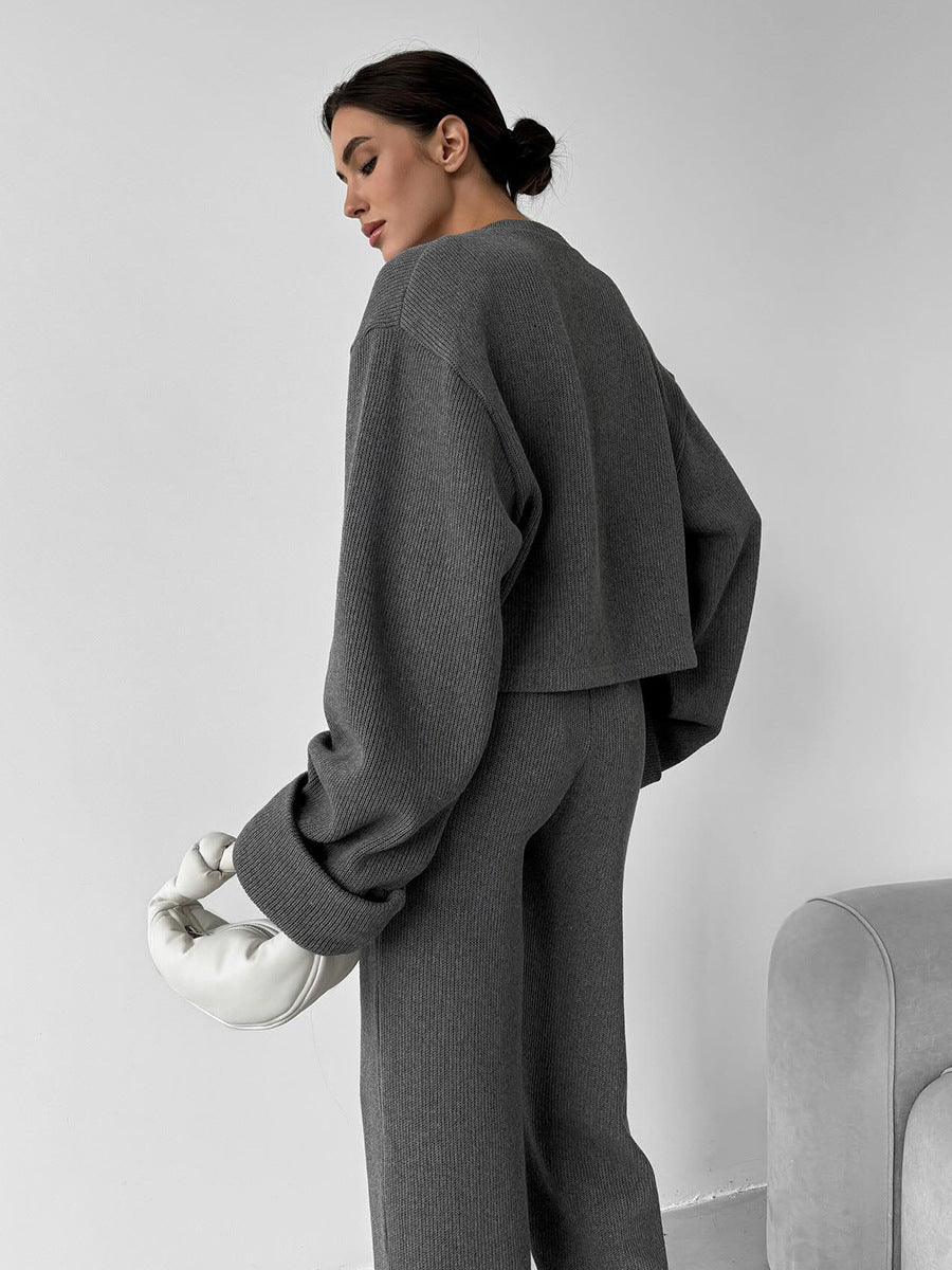 Side view of gray knit lounge set for women