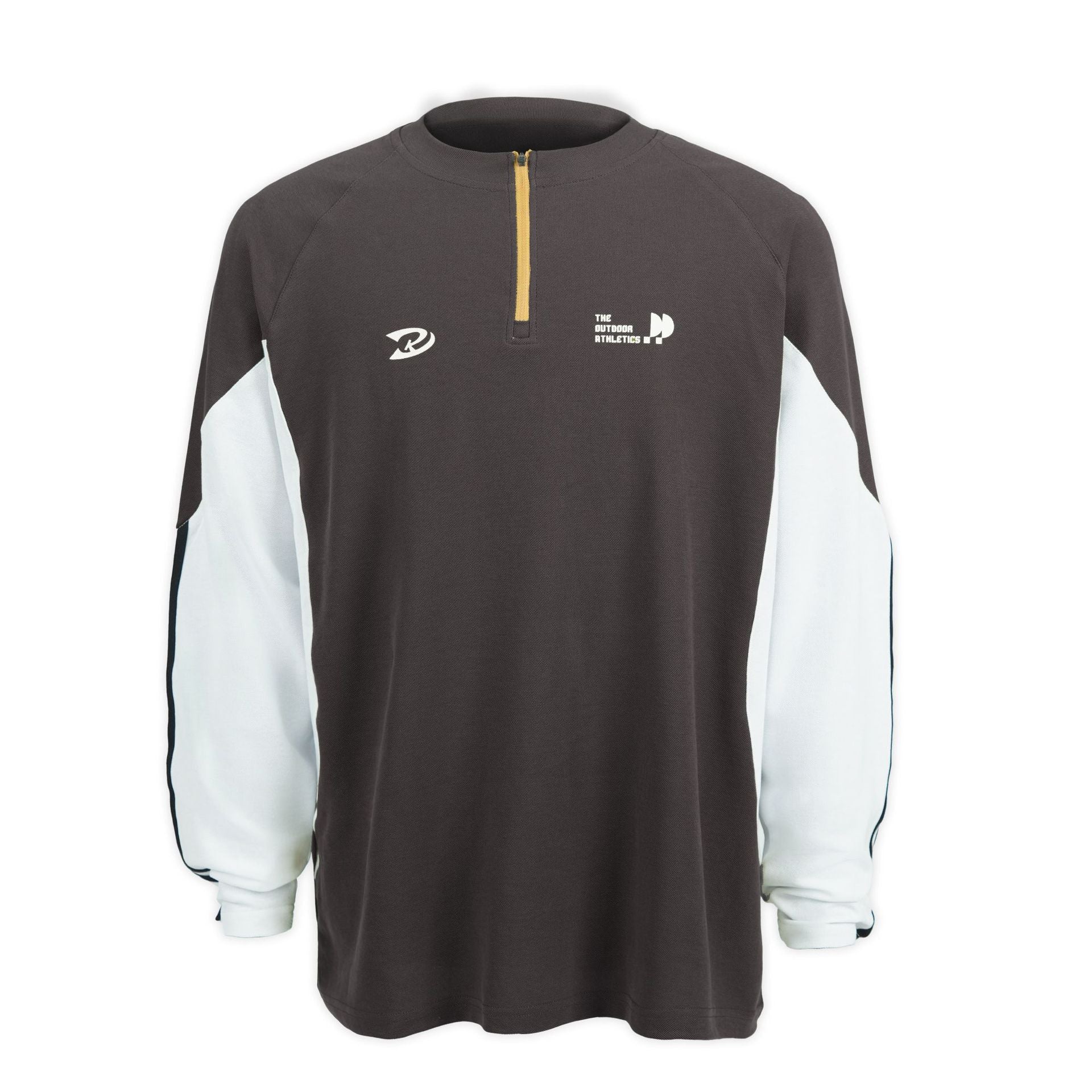 Gray retro contrast color long sleeve t-shirt with white sleeves and half-zip