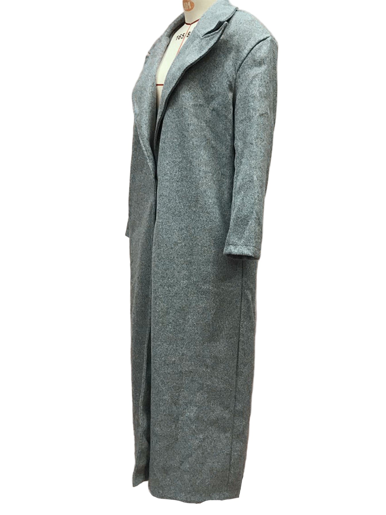 Studio 45° view—gray long teddy coat showing lapel and pocket