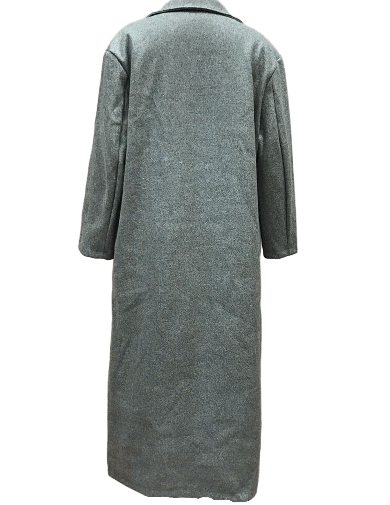 Studio back view—gray long winter coat with clean hem