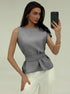 Gray sleeveless summer top with belt detail styled for office look