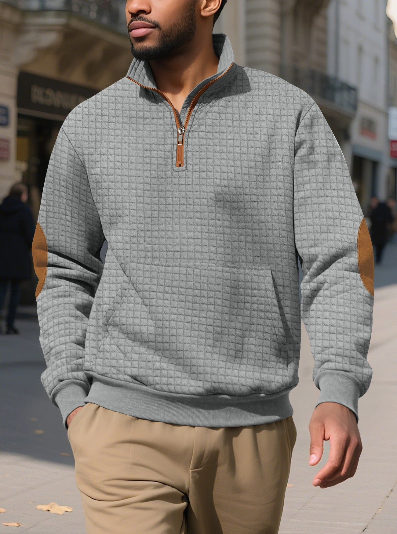 gray sweatshirt with zip for men front outdoor lake view