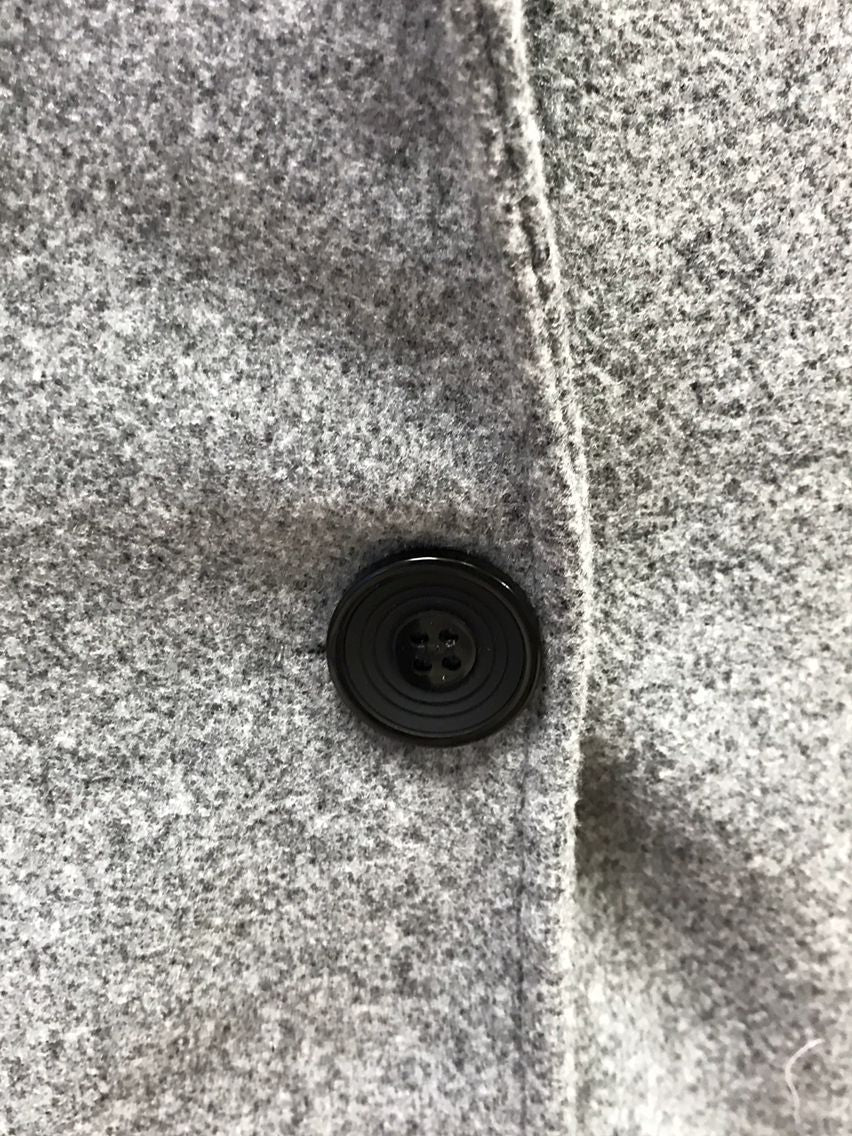 Close-up button—gray teddy coat, one-button placket detail