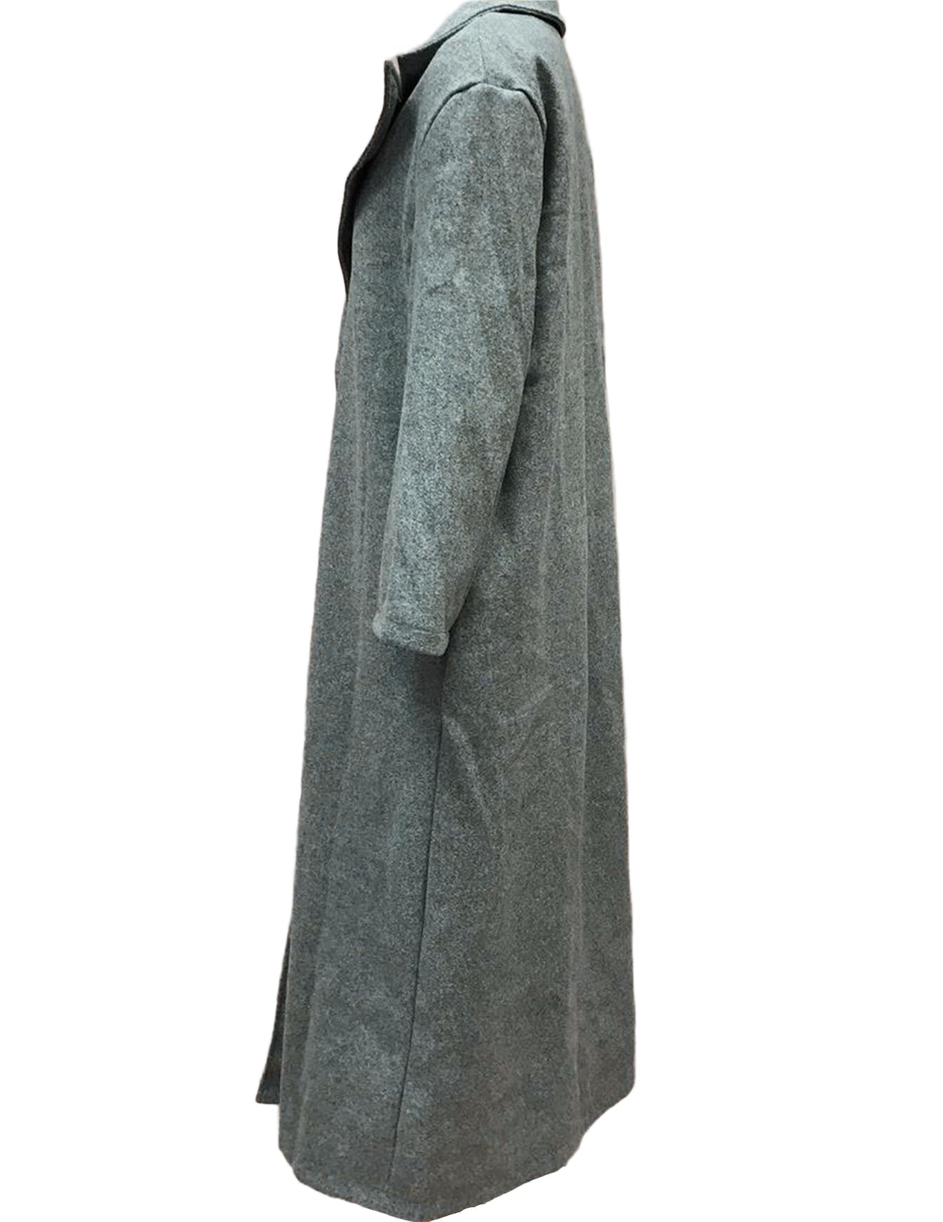 Studio side view—gray long teddy lapel coat, slim profile