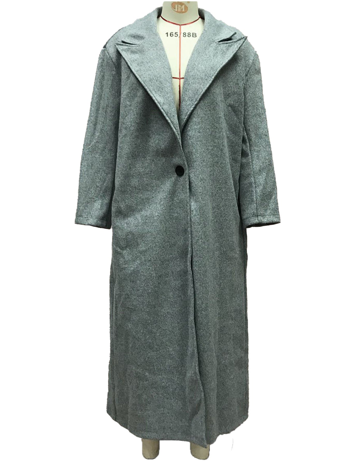 Studio front view—gray long teddy lapel winter coat, one-button