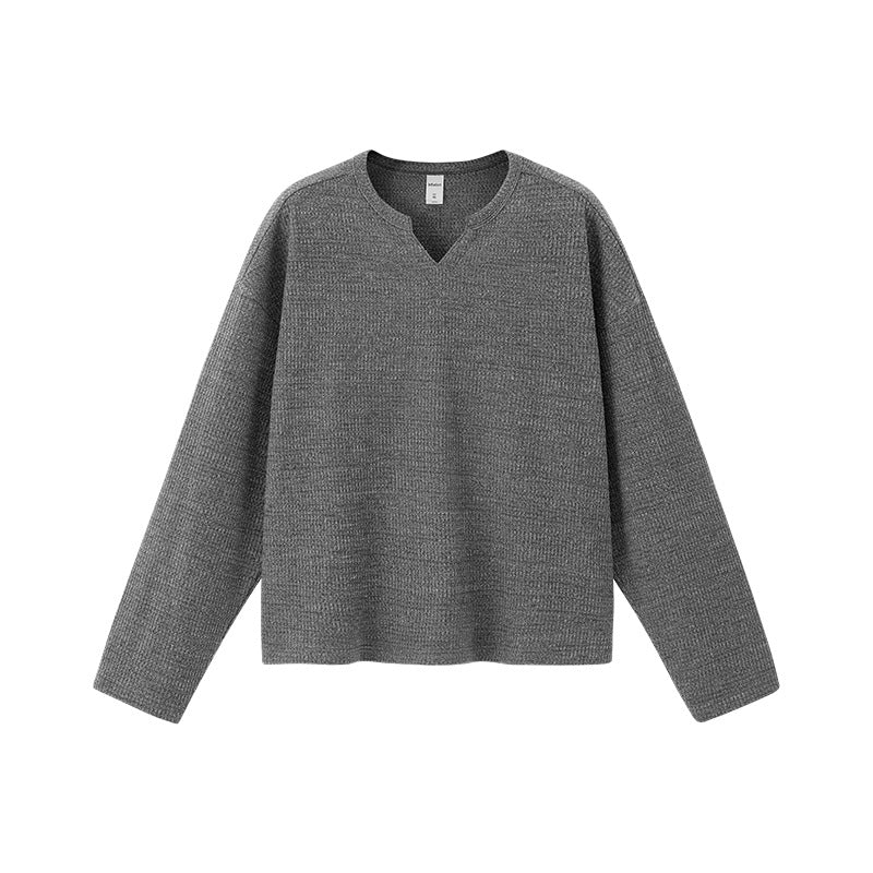 Gray V-neck long sleeve t-shirt waffle knit minimalist design