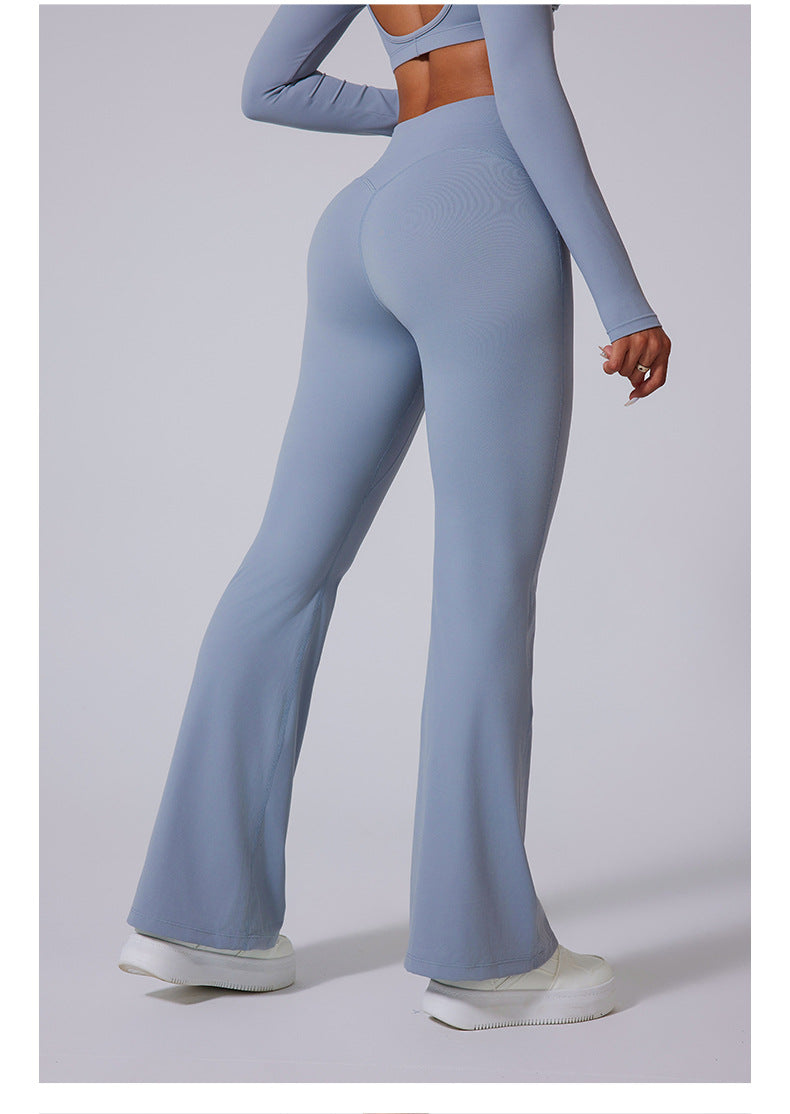 Back view of gray high waisted wide leg leggings for women