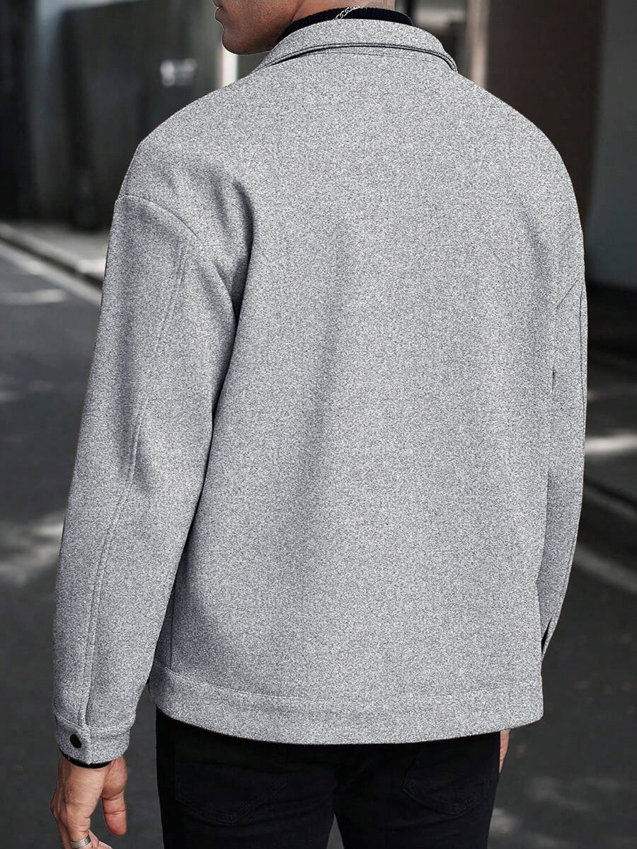 gray men’s wool jacket back street view